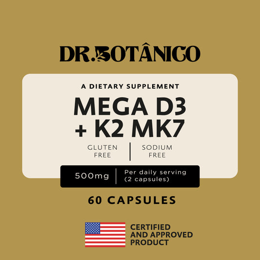 Mega D3 + K2 MK7 500mg – High Potency Bone & Immune Support | Dr. Botanico (60 Capsules)