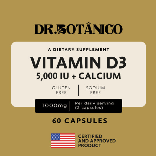 Vitamin D3 5000 IU + Calcium 1000mg – High Potency Bone Support | Dr. Botanico (60 Capsules) 