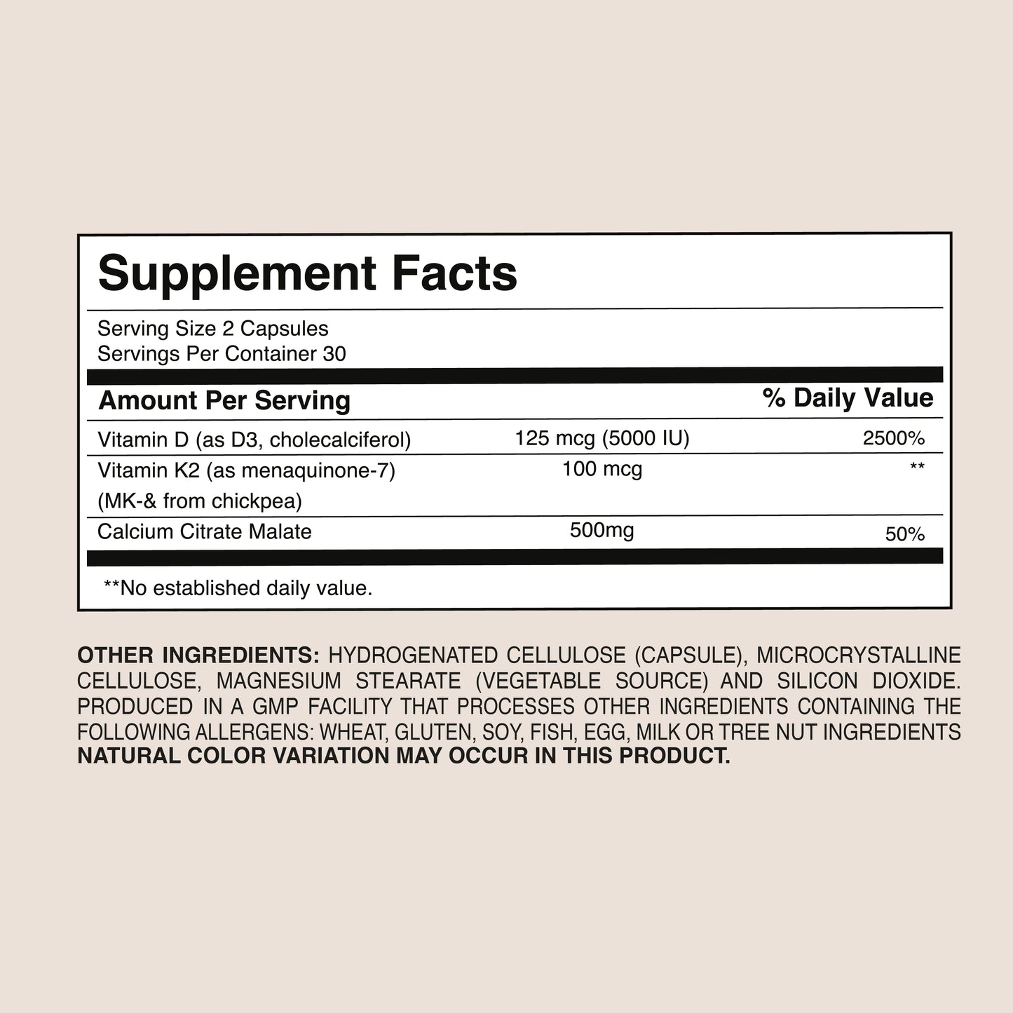 Bone and Heart Support - Vitamin D3 + K2 + Calcium - Dr. Botanico (60 Capsules) 