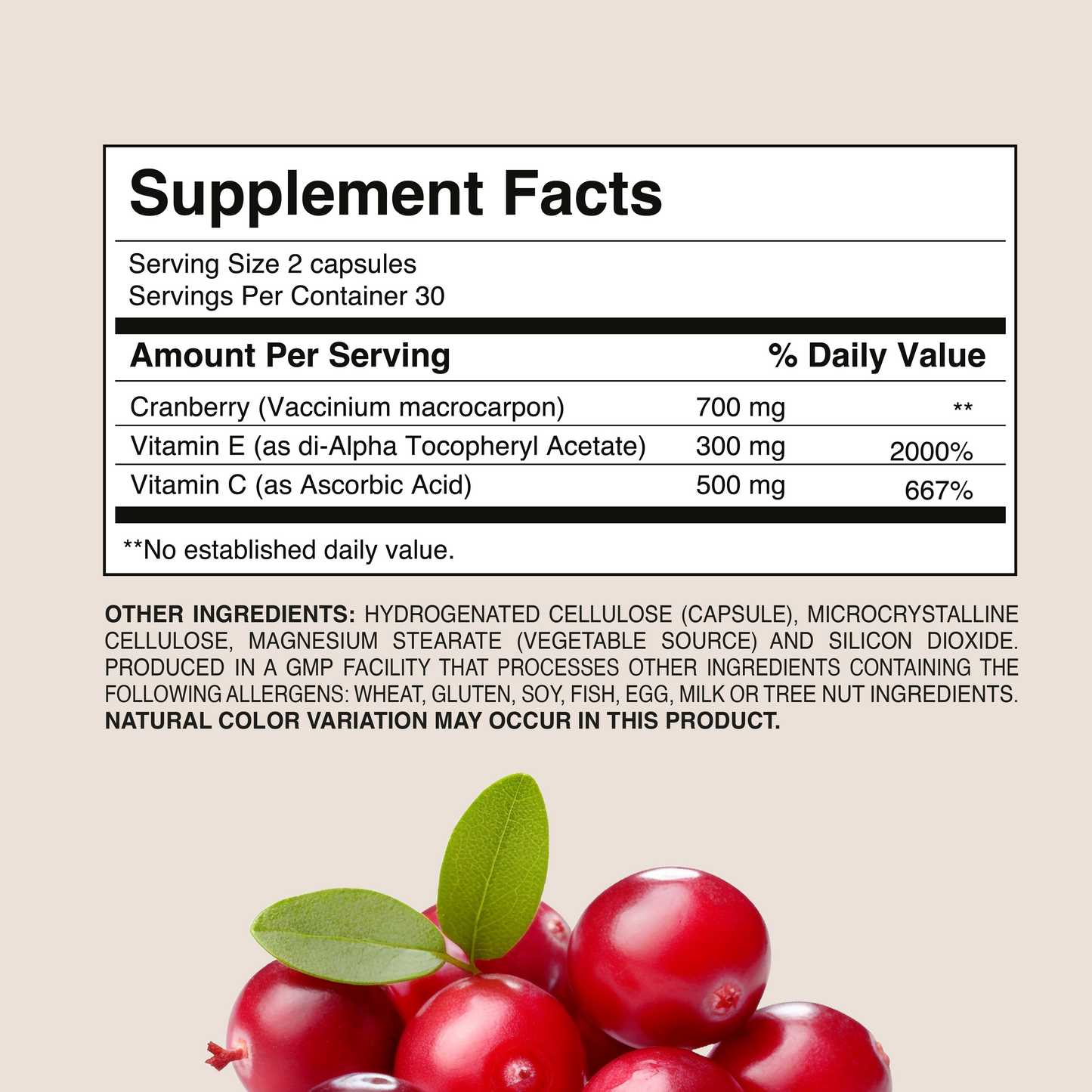 Cranberry + Vitamin E + C 1500mg – Urinary &amp; Immune Support | Dr. Botanico (60 Capsules)