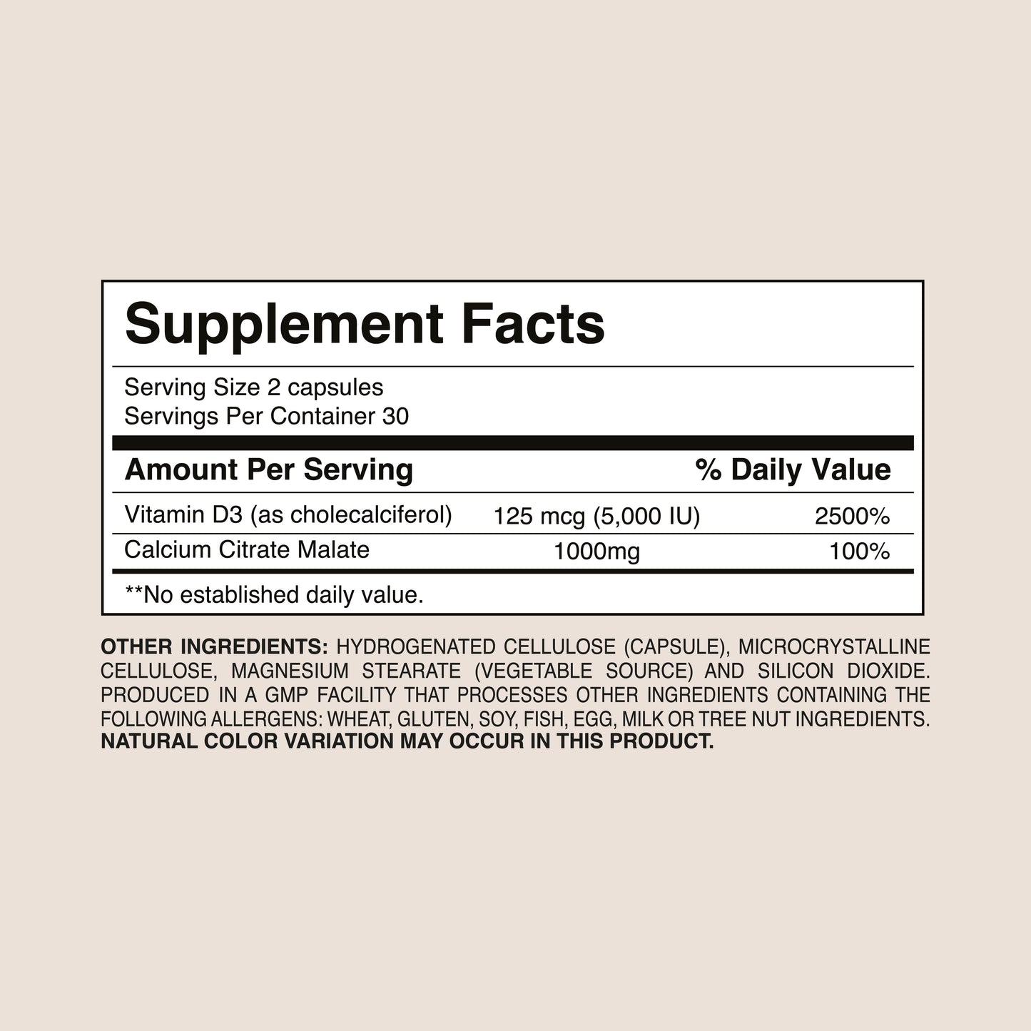 Vitamin D3 5000 IU + Calcium 1000mg – High Potency Bone Support | Dr. Botanico (60 Capsules) 